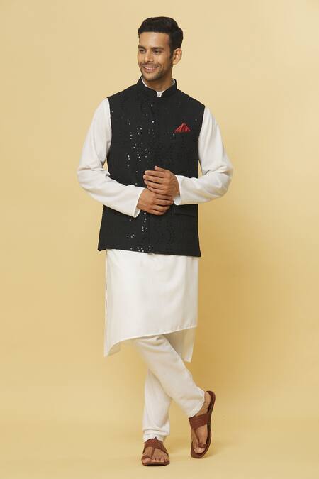 Aham-Vayam_Black Cotton Sequins Embroidered Nehru Jacket _at_Aza_Fashions