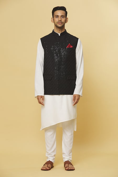 Aham-Vayam_Black Cotton, Silk Sequins Embroidered Nehru Jacket _Online_at_Aza_Fashions