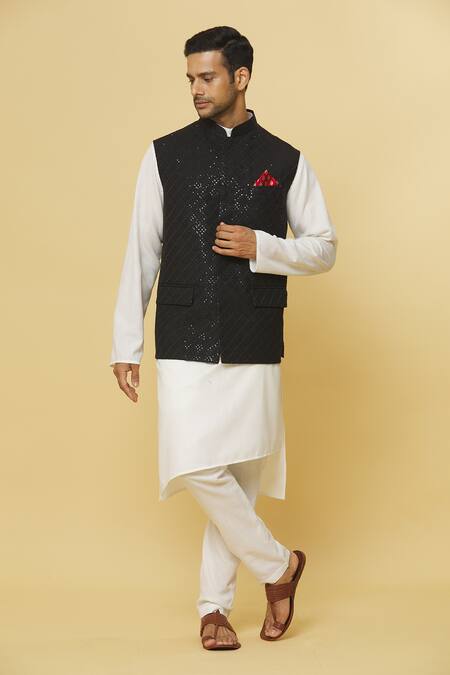 Buy_Aham-Vayam_Black Cotton, Silk Sequins Embroidered Nehru Jacket _Online_at_Aza_Fashions