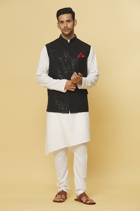 Shop_Aham-Vayam_Black Cotton, Silk Sequins Embroidered Nehru Jacket _Online_at_Aza_Fashions