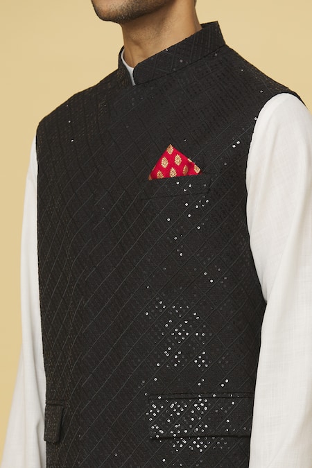 Aham-Vayam_Black Cotton, Silk Sequins Embroidered Nehru Jacket _at_Aza_Fashions
