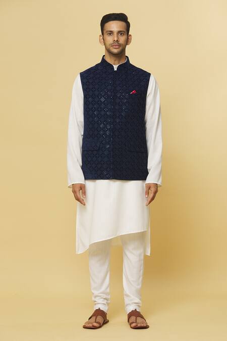 Buy Aham-Vayam Blue Cotton, Velvet Sequins Indigo Embroidered Nehru Jacket Online at Aza Fashions Buy_Aham-Vayam_Blue Cotton, Velvet Sequins Indigo Embroidered Nehru Jacket _Online_at_Aza_Fashions