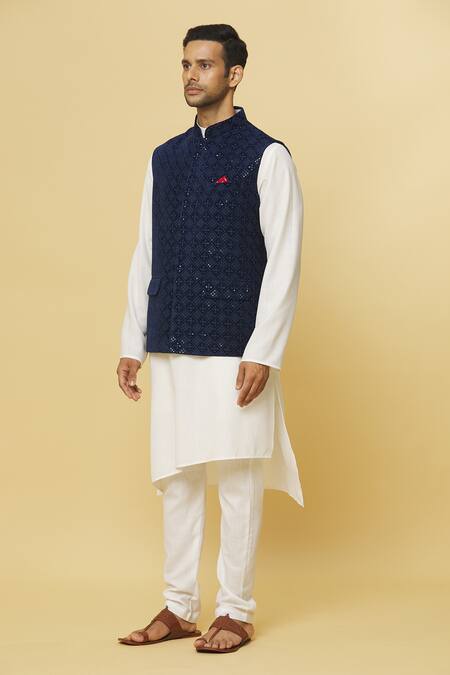 Shop Aham-Vayam Blue Cotton, Velvet Sequins Indigo Embroidered Nehru Jacket Online at Aza Fashions Shop_Aham-Vayam_Blue Cotton, Velvet Sequins Indigo Embroidered Nehru Jacket _Online_at_Aza_Fashions
