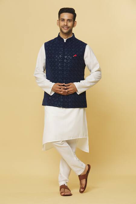 Aham-Vayam Blue Cotton, Velvet Sequins Indigo Embroidered Nehru Jacket at Aza Fashions Aham-Vayam_Blue Cotton, Velvet Sequins Indigo Embroidered Nehru Jacket _at_Aza_Fashions