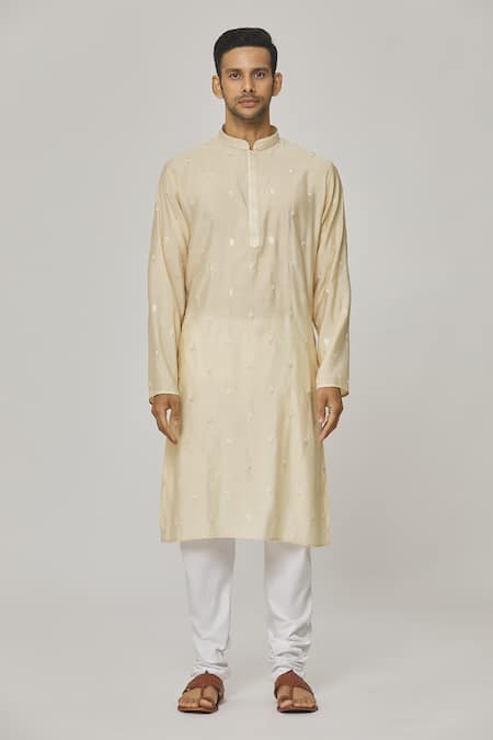 Buy_Aham-Vayam_Beige Cotton Embroidery Kurta And Pyjama Set _Online_at_Aza_Fashions