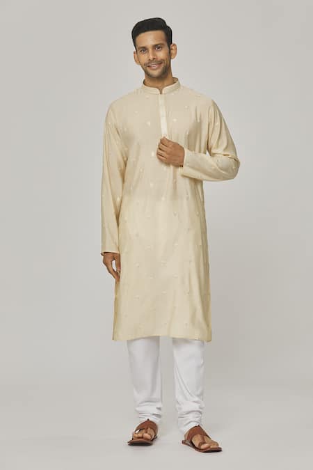 Shop_Aham-Vayam_Beige Cotton Embroidery Kurta And Pyjama Set _Online_at_Aza_Fashions