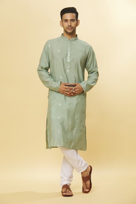 Aham-Vayam Green Cotton Sequins Embroidered Kurta And Pyjama Set 