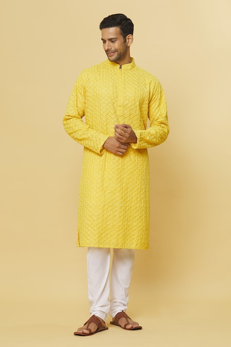 Aham-Vayam Yellow Cotton Embroidery Chandrakant Kurta And Pyjama Set 