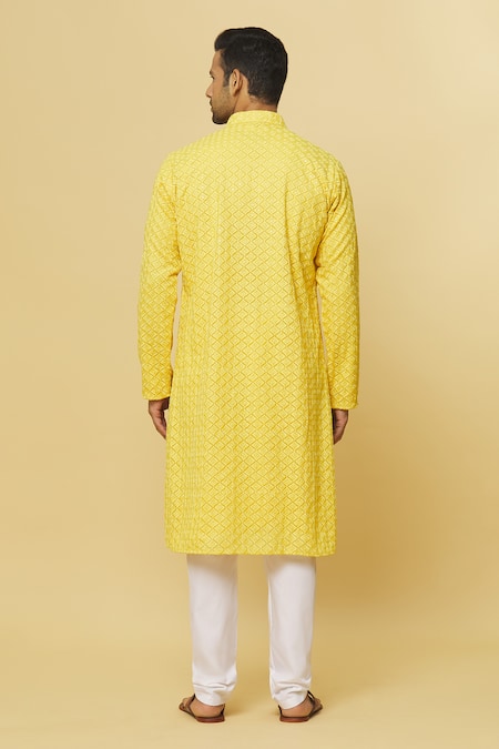 Aham-Vayam Yellow Cotton Embroidery Chandrakant Kurta And Pyjama Set Online at Aza Fashions Aham-Vayam_Yellow Cotton Embroidery Chandrakant Kurta And Pyjama Set _Online_at_Aza_Fashions