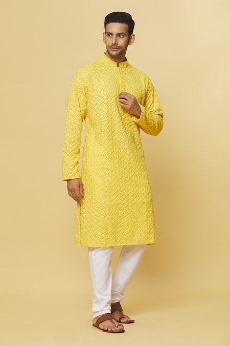 Shop Aham-Vayam Yellow Cotton Embroidery Chandrakant Kurta And Pyjama Set Online at Aza Fashions Shop_Aham-Vayam_Yellow Cotton Embroidery Chandrakant Kurta And Pyjama Set _Online_at_Aza_Fashions