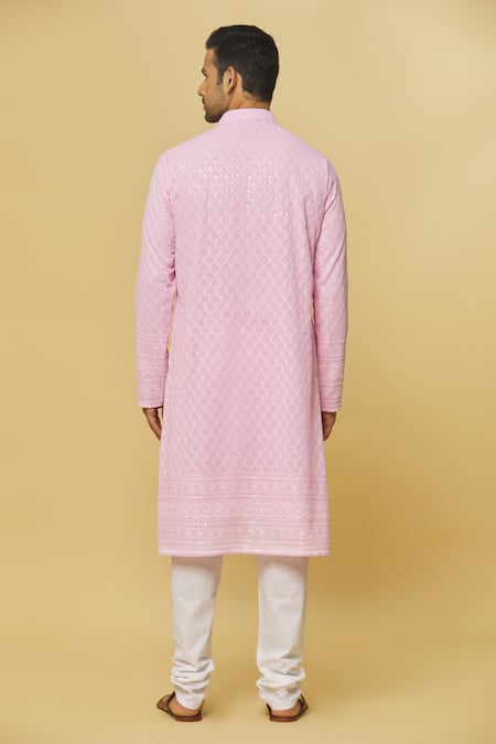 Aham-Vayam_Pink Cotton Embroidery Mughal Kurta And Pyjama Set _Online_at_Aza_Fashions