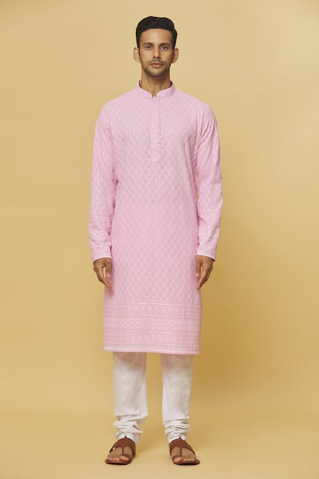 Buy_Aham-Vayam_Pink Cotton Embroidery Mughal Kurta And Pyjama Set _Online_at_Aza_Fashions
