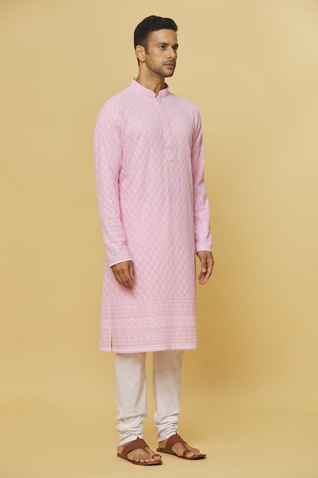 Shop_Aham-Vayam_Pink Cotton Embroidery Mughal Kurta And Pyjama Set _Online_at_Aza_Fashions