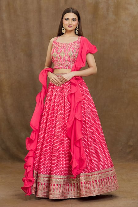 Samyukta Singhania Pink Digital Printed Bandhani Round And Embroidered Lehenga Set