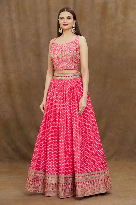 Samyukta Singhania_Pink Silk, Chiffon Sequins, Embroidery Round Neck Printed And Lehenga Set _Online_at_Aza_Fashions