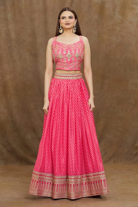 Buy_Samyukta Singhania_Pink Silk, Chiffon Sequins, Embroidery Round Neck Printed And Lehenga Set _Online_at_Aza_Fashions