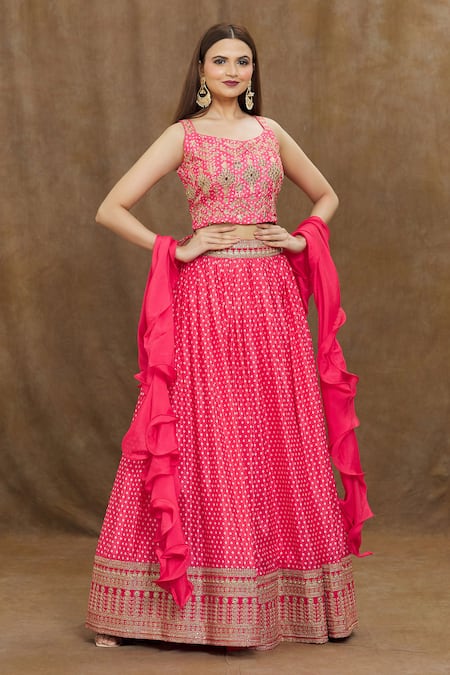 Shop_Samyukta Singhania_Pink Silk, Chiffon Sequins, Embroidery Round Neck Printed And Lehenga Set _Online_at_Aza_Fashions