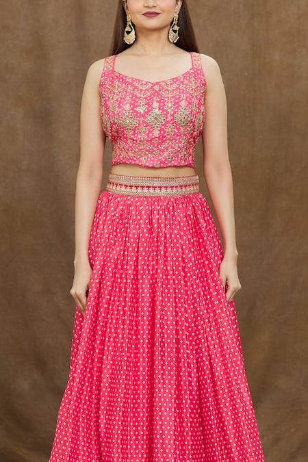 Samyukta Singhania_Pink Silk, Chiffon Sequins, Embroidery Round Neck Printed And Lehenga Set _at_Aza_Fashions
