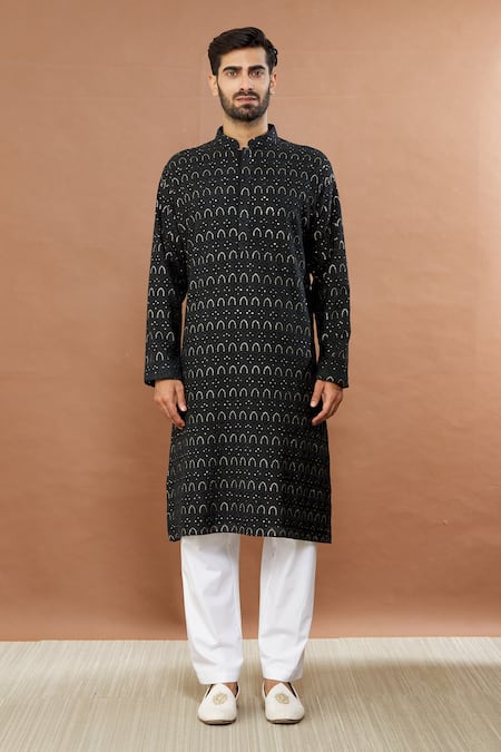 Aham-Vayam Black Cotton Sequins Chamkila Embroidered Kurta And Pyjama Set Online at Aza Fashions Aham-Vayam_Black Cotton Sequins Chamkila Embroidered Kurta And Pyjama Set _Online_at_Aza_Fashions