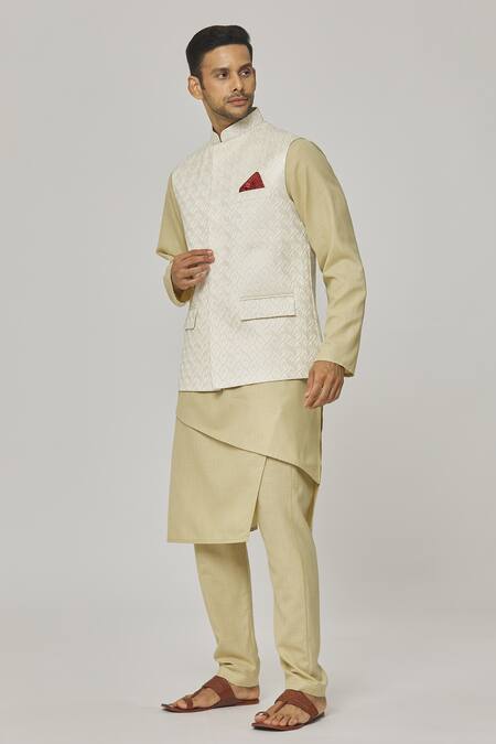 Aham-Vayam_Cream , Satin Embroidery Floral Bundi And Kurta Set _at_Aza_Fashions