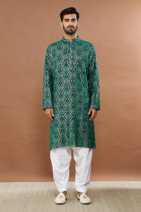Aham-Vayam Green Cotton Sequins Mughalkaari Embroidered Kurta And Patiala Set Online at Aza Fashions Aham-Vayam_Green Cotton Sequins Mughalkaari Embroidered Kurta And Patiala Set _Online_at_Aza_Fashions