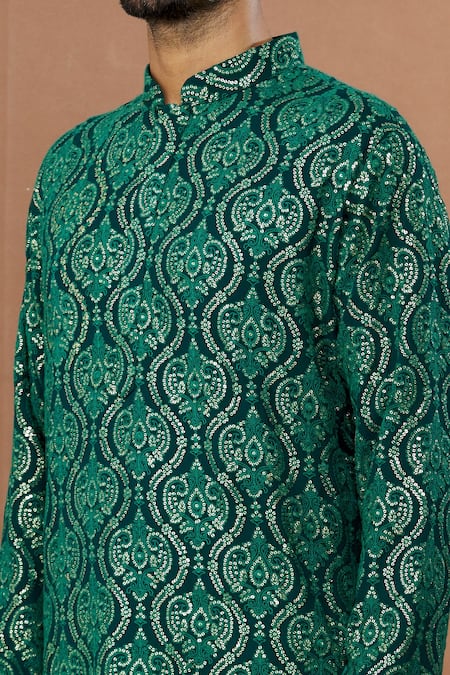 Shop Aham-Vayam Green Cotton Sequins Mughalkaari Embroidered Kurta And Patiala Set Online at Aza Fashions Shop_Aham-Vayam_Green Cotton Sequins Mughalkaari Embroidered Kurta And Patiala Set _Online_at_Aza_Fashions