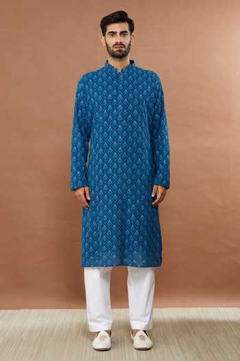 Aham-Vayam_Blue Cotton Sequins Riwaaz Embroidered Kurta Set _Online_at_Aza_Fashions