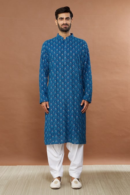 Aham-Vayam_Blue Cotton Sequins Riwaaz Embroidered Kurta And Patiala Set _Online_at_Aza_Fashions