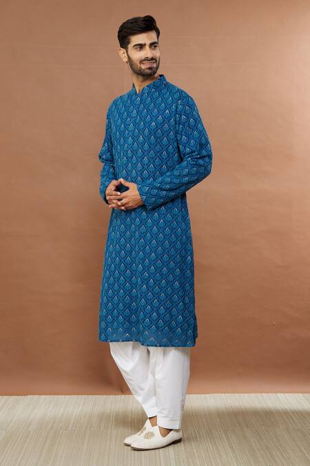 Buy_Aham-Vayam_Blue Cotton Sequins Riwaaz Embroidered Kurta And Patiala Set _Online_at_Aza_Fashions