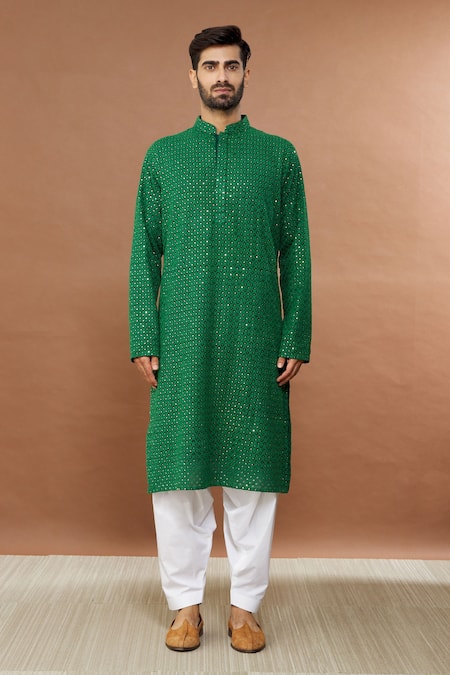Aham-Vayam_Green Cotton Sequins Sitara Embroidered Kurta Set _at_Aza_Fashions