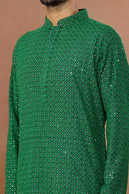 Buy_Aham-Vayam_Green Cotton Sequins Sitara Embroidered Kurta Set _Online_at_Aza_Fashions