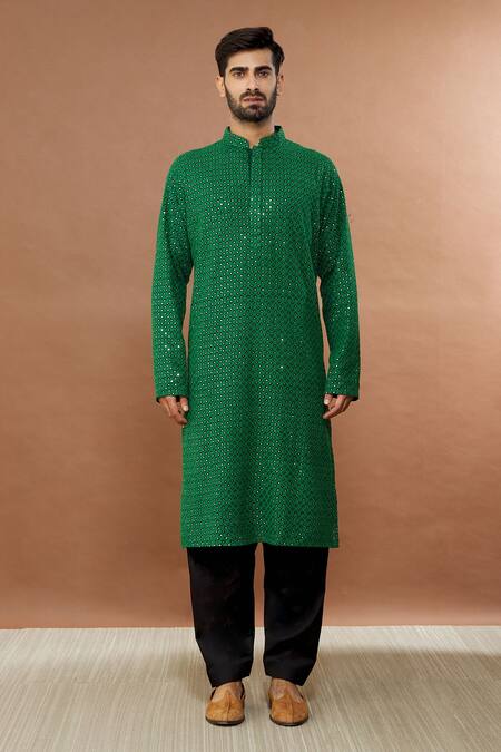 Aham-Vayam Green Cotton Sequins Sitara Embroidered Kurta And Patiala Set Online at Aza Fashions Aham-Vayam_Green Cotton Sequins Sitara Embroidered Kurta And Patiala Set _Online_at_Aza_Fashions