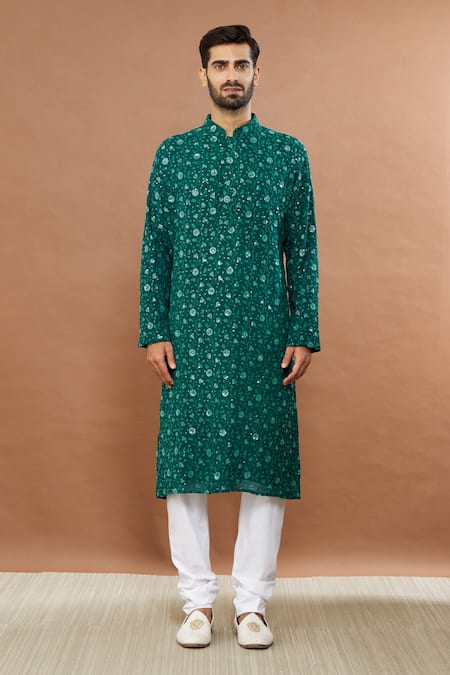 Aham-Vayam Green Cotton Sequins Floral Embroidered Kurta Set Online at Aza Fashions Aham-Vayam_Green Cotton Sequins Floral Embroidered Kurta Set _Online_at_Aza_Fashions
