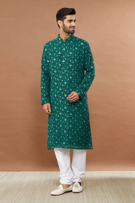Buy Aham-Vayam Green Cotton Sequins Floral Embroidered Kurta Set Online at Aza Fashions Buy_Aham-Vayam_Green Cotton Sequins Floral Embroidered Kurta Set _Online_at_Aza_Fashions