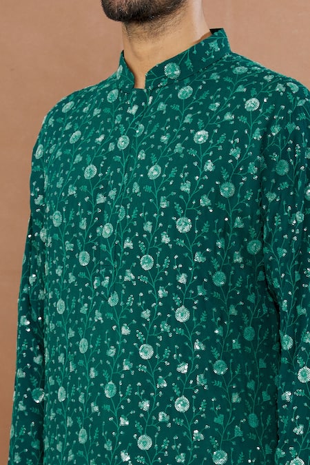 Shop Aham-Vayam Green Cotton Sequins Floral Embroidered Kurta Set Online at Aza Fashions Shop_Aham-Vayam_Green Cotton Sequins Floral Embroidered Kurta Set _Online_at_Aza_Fashions