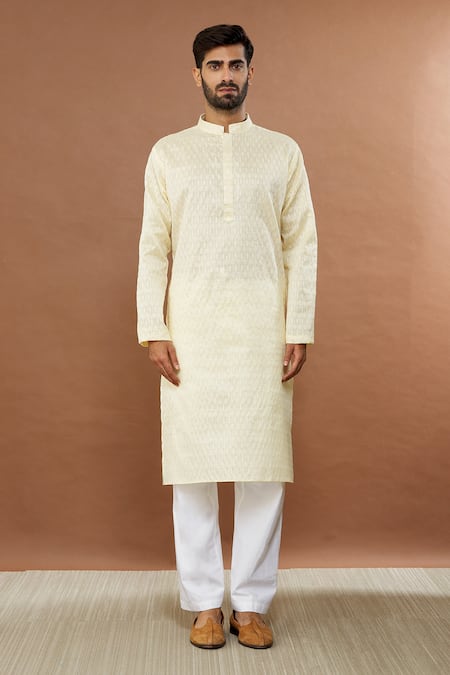 Aham-Vayam_Beige Silk, Cotton Sequins Floral Embroidered Kurta Set _Online_at_Aza_Fashions