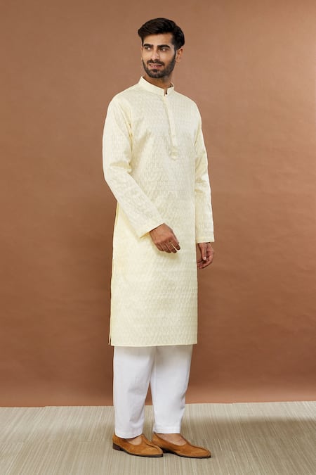 Buy_Aham-Vayam_Beige Silk, Cotton Sequins Floral Embroidered Kurta Set _Online_at_Aza_Fashions