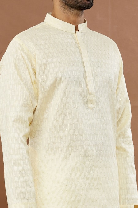 Shop_Aham-Vayam_Beige Silk, Cotton Sequins Floral Embroidered Kurta Set _Online_at_Aza_Fashions