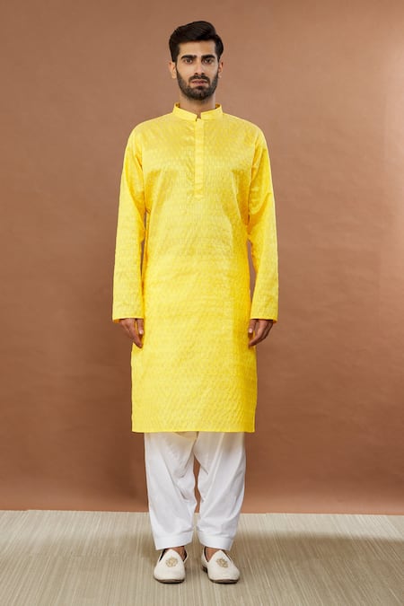 Aham-Vayam_Yellow Silk, Cotton Sequins Kharif Leaf Embroidered Kurta Set _Online_at_Aza_Fashions
