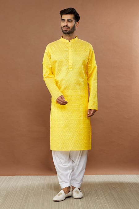 Buy_Aham-Vayam_Yellow Silk, Cotton Sequins Kharif Leaf Embroidered Kurta Set _Online_at_Aza_Fashions