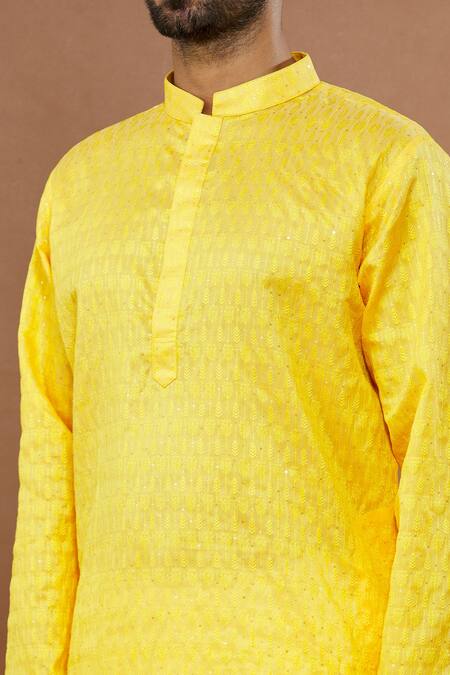 Shop_Aham-Vayam_Yellow Silk, Cotton Sequins Kharif Leaf Embroidered Kurta Set _Online_at_Aza_Fashions