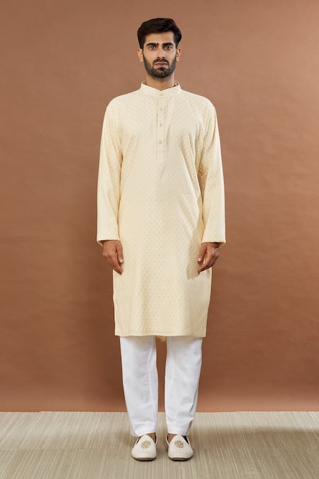 Aham-Vayam_Beige Silk, Cotton Embroidery Siddhant Kurta Set _Online_at_Aza_Fashions