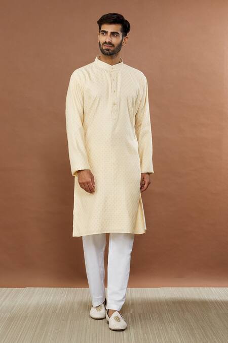 Buy_Aham-Vayam_Beige Silk, Cotton Embroidery Siddhant Kurta Set _Online_at_Aza_Fashions