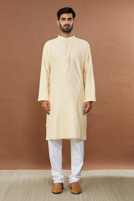 Aham-Vayam_Beige Silk, Cotton Embroidery Siddhant Kurta Set _Online_at_Aza_Fashions