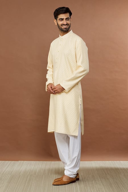 Buy_Aham-Vayam_Beige Silk, Cotton Embroidery Siddhant Kurta Set _Online_at_Aza_Fashions
