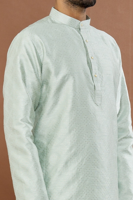 Shop Aham-Vayam Green Silk, Cotton Embroidery Gulistaan Kurta Set Online at Aza Fashions Shop_Aham-Vayam_Green Silk, Cotton Embroidery Gulistaan Kurta Set _Online_at_Aza_Fashions