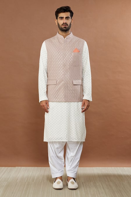 Aham-Vayam_Beige Cotton Sequins, Embroidery Grey Geometric Nehru Jacket _Online_at_Aza_Fashions