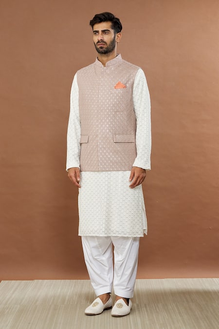 Buy_Aham-Vayam_Beige Cotton Sequins, Embroidery Grey Geometric Nehru Jacket _Online_at_Aza_Fashions