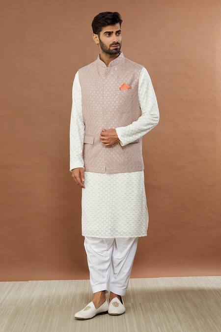 Shop_Aham-Vayam_Beige Cotton Sequins, Embroidery Grey Geometric Nehru Jacket _Online_at_Aza_Fashions