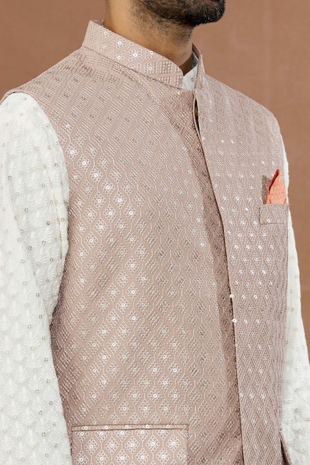 Aham-Vayam_Beige Cotton Sequins, Embroidery Grey Geometric Nehru Jacket _at_Aza_Fashions